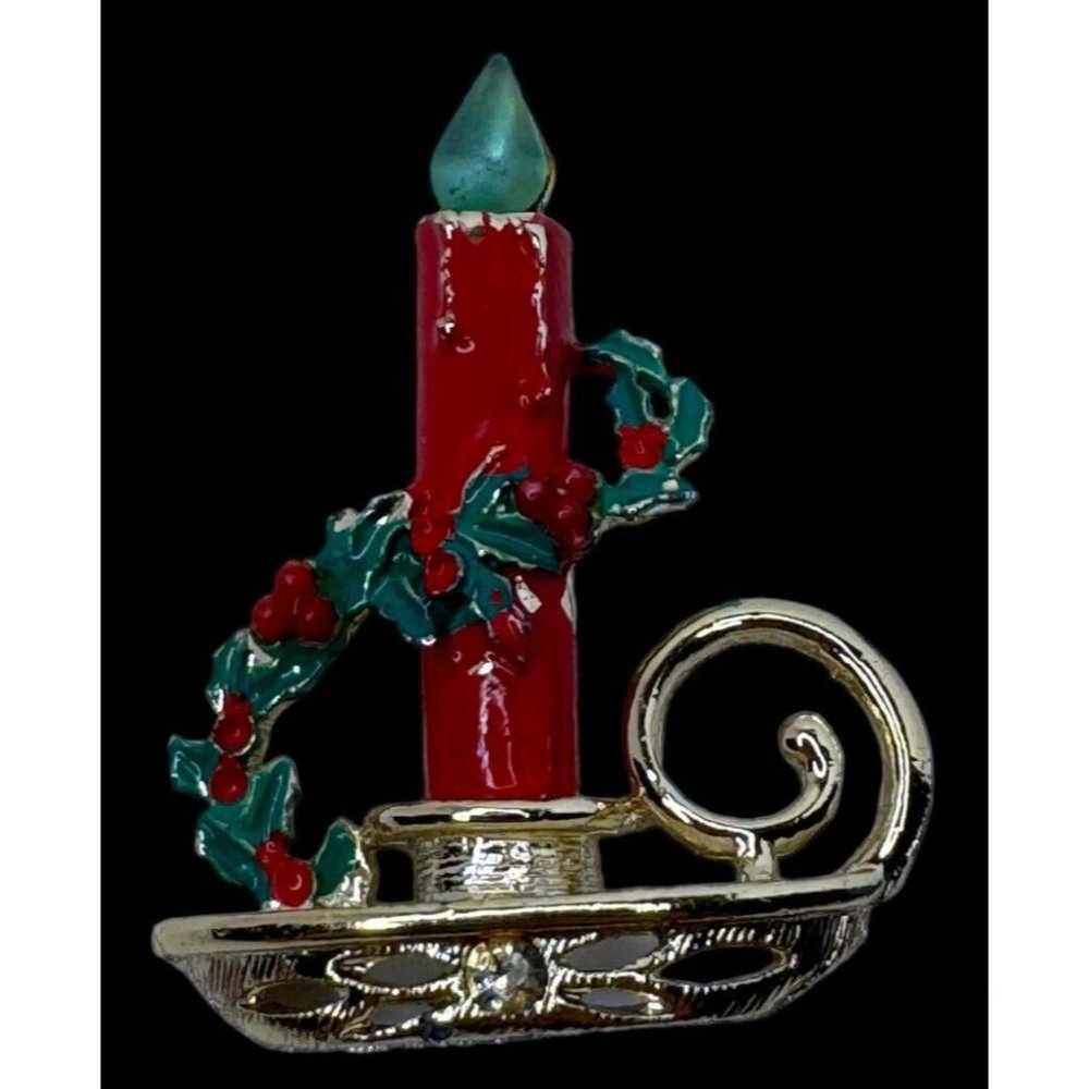 Vintage Christmas Candle Brooch Pin Jewelry Holly Enamel Green Flame Holidays - Picture 2 of 5